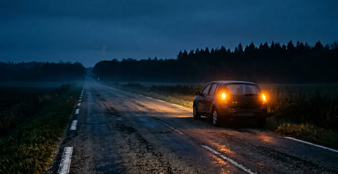 Scene nocturne sur une route departementale isolee avec un vehicule en detresse