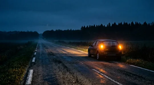 Scene nocturne sur une route departementale isolee avec un vehicule en detresse
