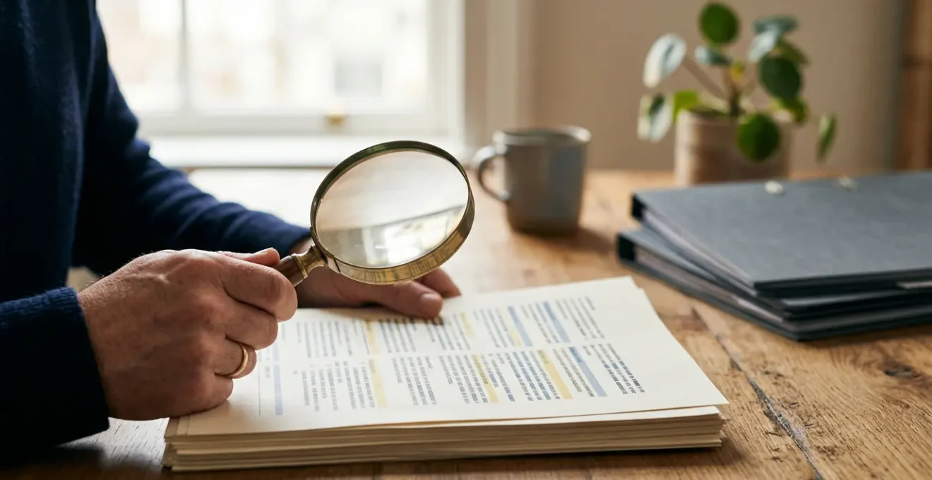 Professionnel analysant des documents d'assurance pour identifier les garanties redondantes