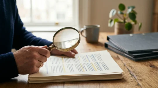 Professionnel analysant des documents d'assurance pour identifier les garanties redondantes