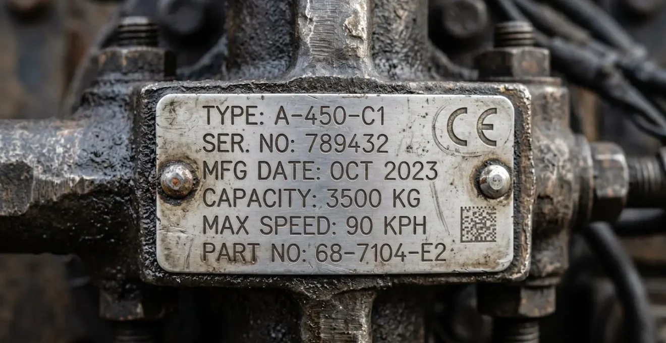 Vue détaillée en macro d'une plaque métallique technique avec gravures et marquages industriels sur un dispositif d'attelage automobile