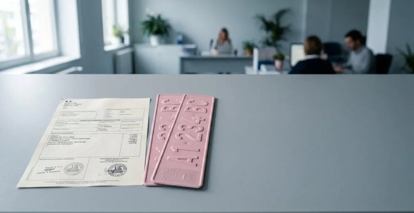 Certificat d'immatriculation provisoire WW français avec plaque rose et documents officiels sur bureau