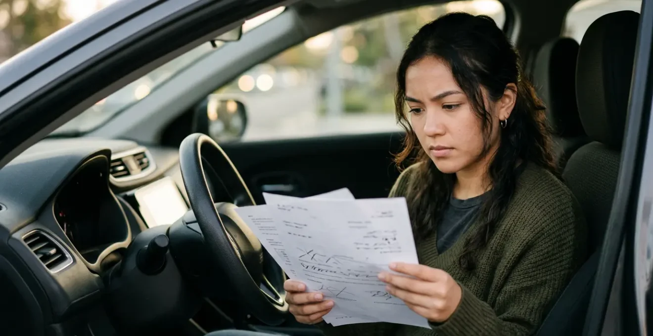 Jeune conducteur avec disque A vérifiant des documents d'assurance automobile avec sérénité