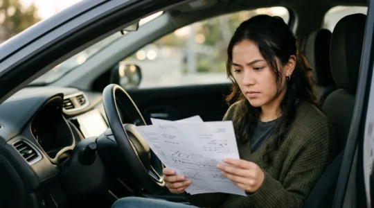 Jeune conducteur avec disque A vérifiant des documents d'assurance automobile avec sérénité