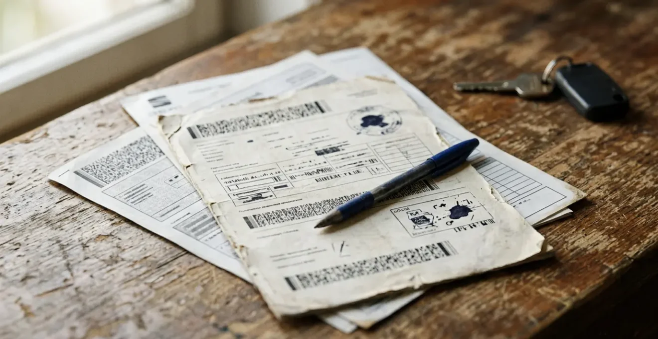 Gros plan sur une carte grise et des documents administratifs automobiles posés sur un bureau avec une lumière naturelle douce