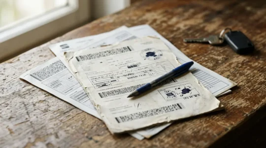 Gros plan sur une carte grise et des documents administratifs automobiles posés sur un bureau avec une lumière naturelle douce