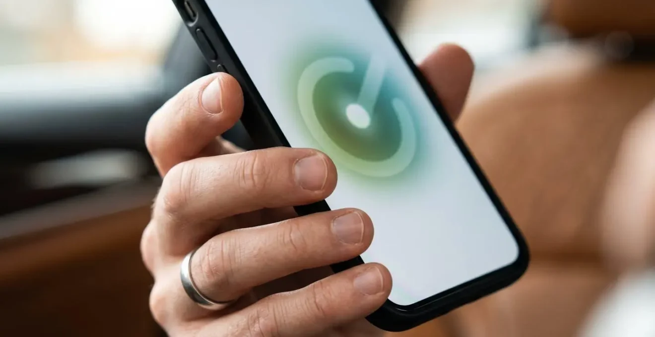 Main tenant un smartphone montrant une interface de vérification du fichier des véhicules assurés avec symbole de validation