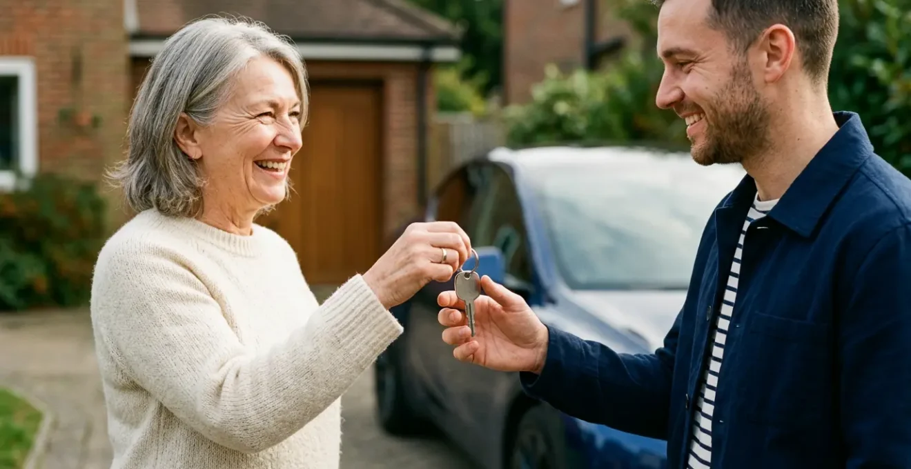 Professionnel remettant des clés de voiture à un nouvel acquéreur devant un véhicule