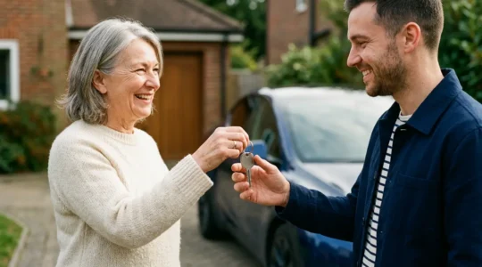 Professionnel remettant des clés de voiture à un nouvel acquéreur devant un véhicule