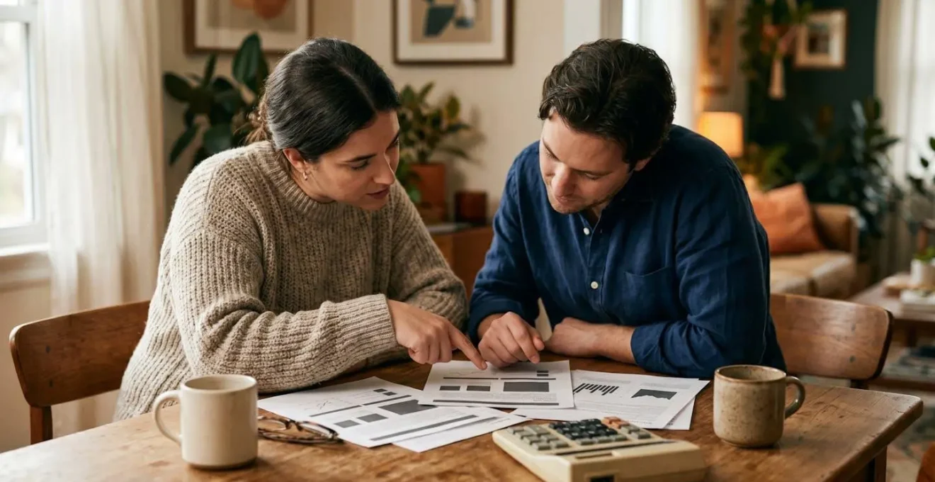 Couple analysant ensemble des documents d'assurance automobile sur table avec calculatrice