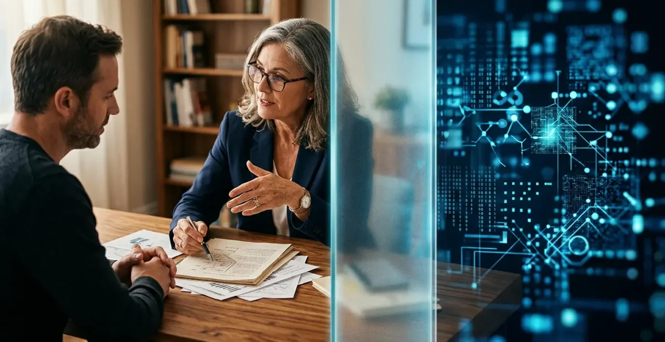 Représentation métaphorique du rôle d'intermédiaire entre un client et les systèmes d'assurance