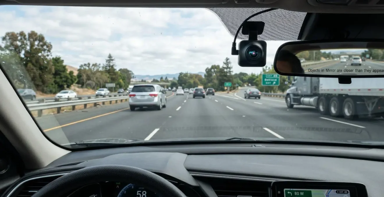 Caméra embarquée discrète installée sur pare-brise capturant la route