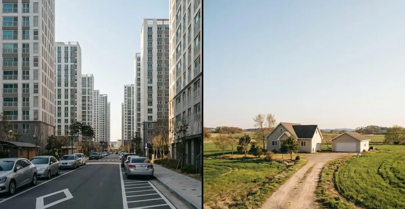 Contraste entre environnement urbain et rural illustrant l'impact du changement de zone de risque sur l'assurance