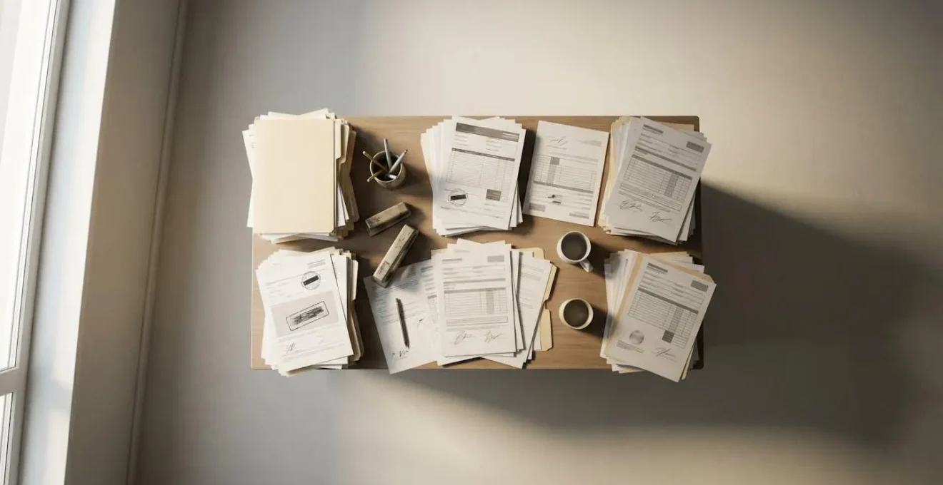 Vue d'ensemble d'un dossier de contestation avec documents administratifs empilés