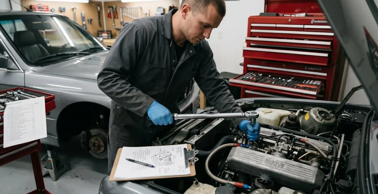 Documentation professionnelle d'un entretien automobile réalisé soi-même avec outils de précision