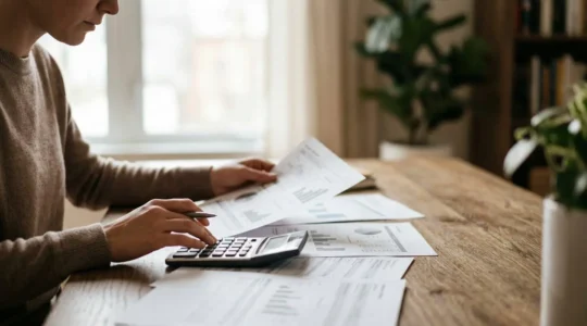 Personne évaluant un budget automobile avant signature avec documents et calculatrice