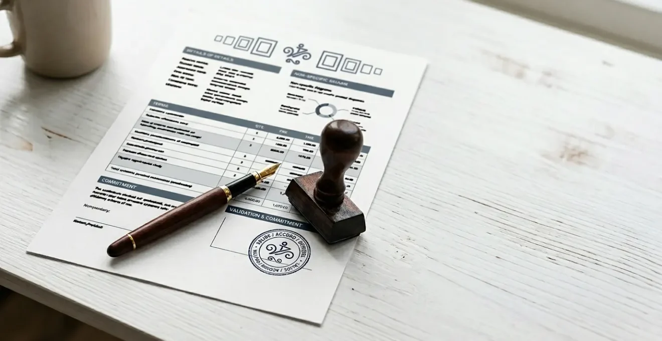 Document de simulation d'assurance auto avec tampon de validation et stylo, symbolisant la fixation légale d'un tarif