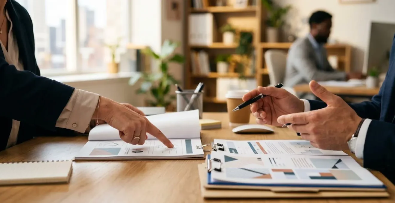 Scène de négociation professionnelle illustrant l'expertise du courtier en assurance