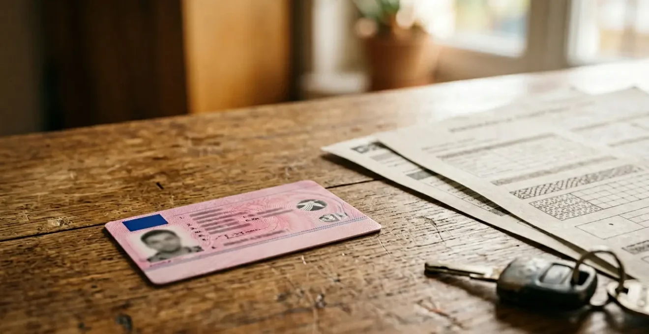 Permis de conduire français et documents d'assurance automobile sur un bureau, symbolisant le contrôle de validité