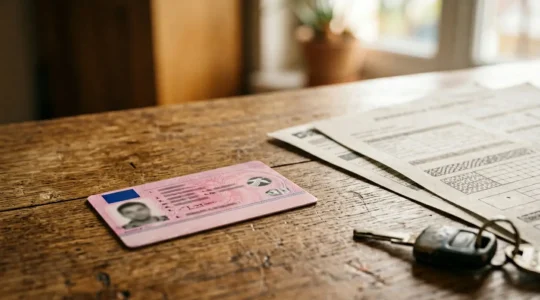 Permis de conduire français et documents d'assurance automobile sur un bureau, symbolisant le contrôle de validité
