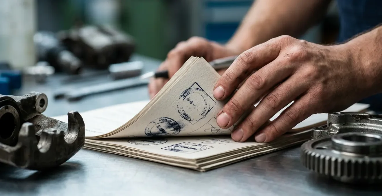 Gros plan sur des mains expertes inspectant minutieusement des documents officiels et des pièces automobiles techniques sur une table professionnelle