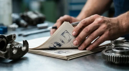 Gros plan sur des mains expertes inspectant minutieusement des documents officiels et des pièces automobiles techniques sur une table professionnelle