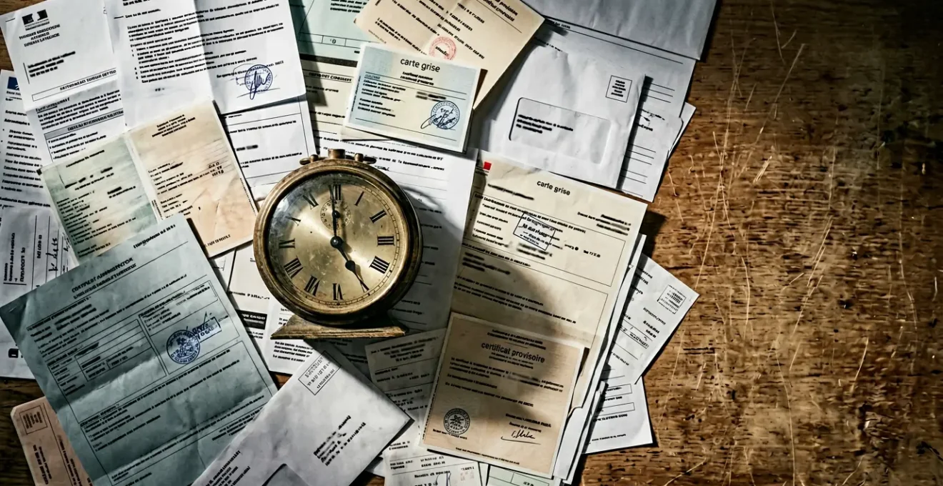 Dossier administratif d'immatriculation automobile avec documents officiels dispersés et horloge symbolisant l'urgence du délai