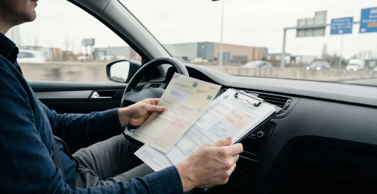 Conducteur vérifiant des documents d'assurance automobile dans l'habitacle d'un véhicule