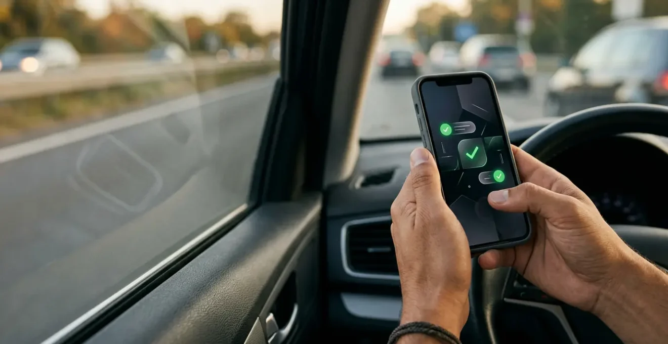 Conducteur vérifiant son inscription au fichier des véhicules assurés sur smartphone avant un contrôle routier