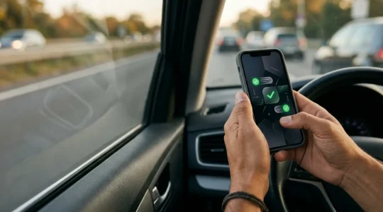 Conducteur vérifiant son inscription au fichier des véhicules assurés sur smartphone avant un contrôle routier