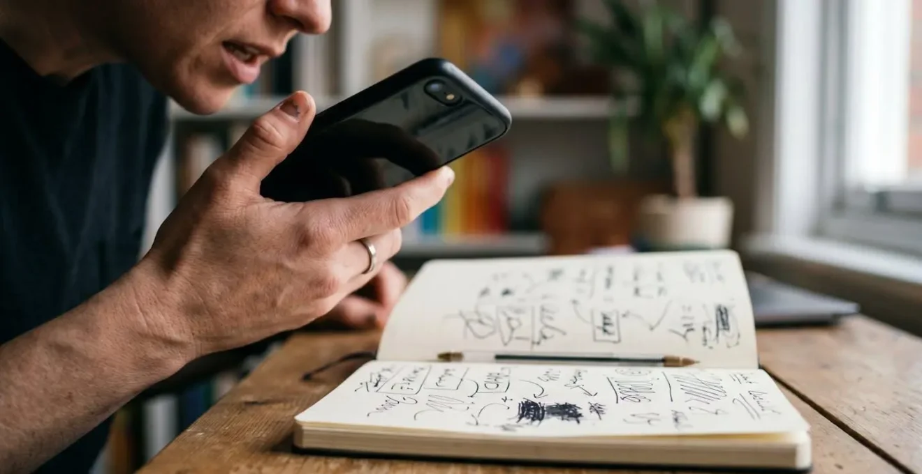 Vue en contre-plongée d'une main tenant un téléphone mobile lors d'un appel, avec un carnet de notes ouvert en arrière-plan