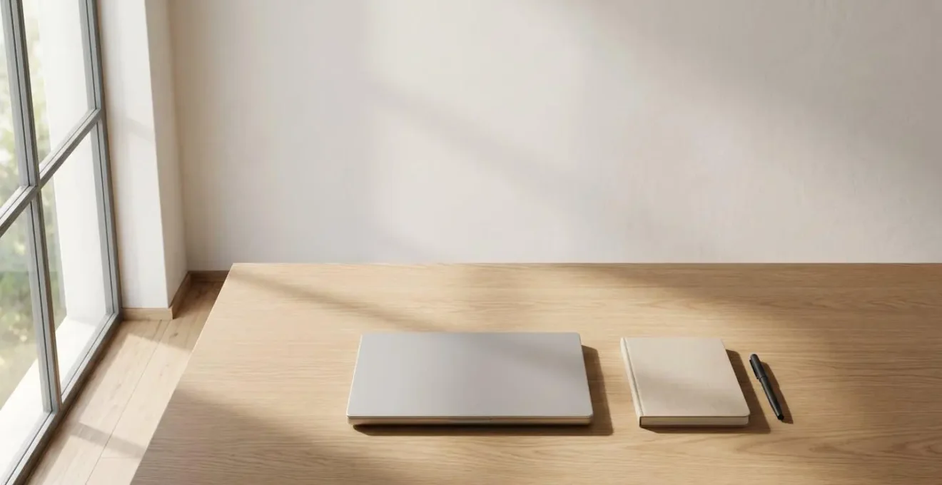 Vue minimaliste d'un espace de travail avec ordinateur et carnet dans une ambiance calme matinale